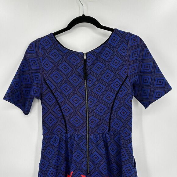 ANTHROPOLOGIE HD In Paris Blue Coral Floral Diamond Knit Mini Dress Size XS - Picture 6 of 8
